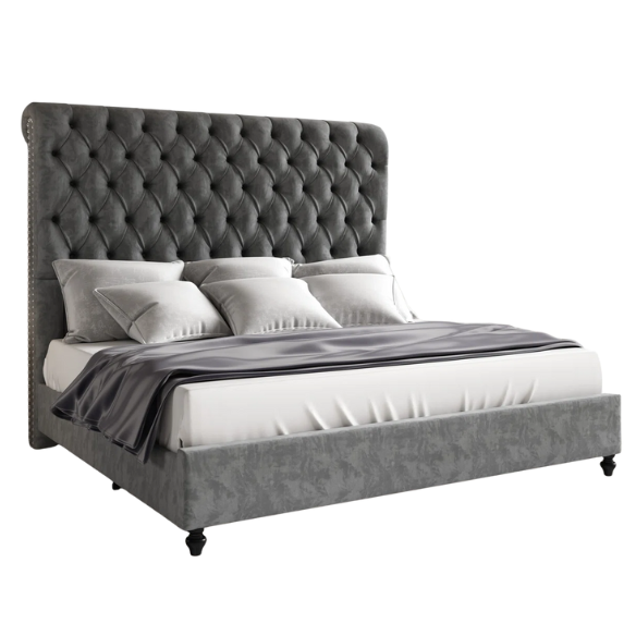 Luxurious Velvet Upholstered Sleigh Bed with Tufted Button and Gem-Accented Headboard