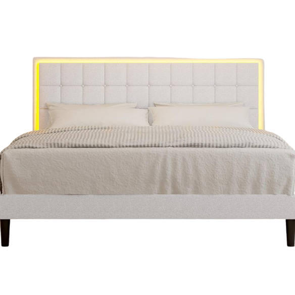 King Size Button-Tufted Platform Bed with LED Headboard, Built-in Charging Station, and Under-Bed Storage – Modern Convenience Meets Stylish Design