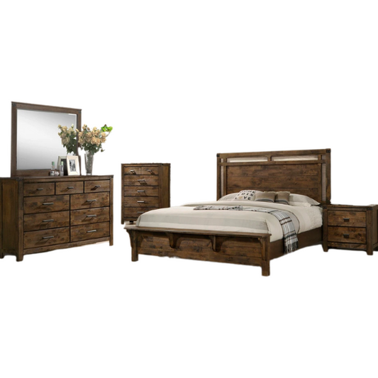 Timeless 6-Piece Brown Rustic Wood Panel Bedroom Set with Modern Design and Inviting Elegance