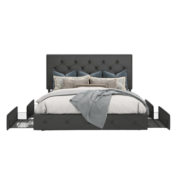 Button Tufted Upholstered Platform Storage Bed – Full Double Size with Spacious Drawers