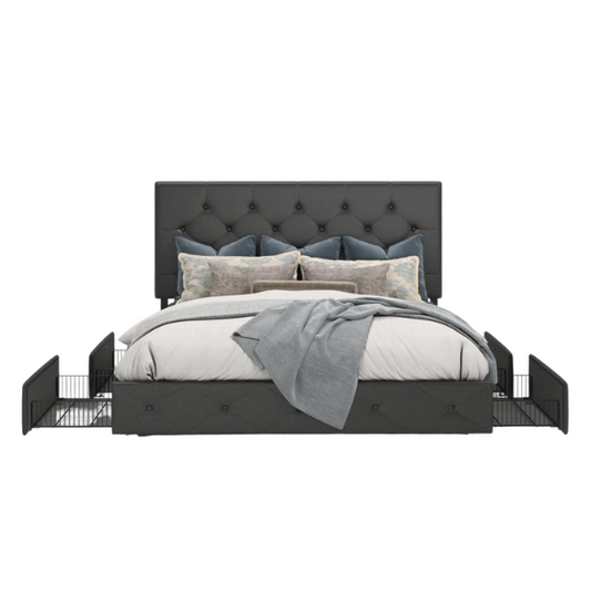 Button Tufted Upholstered Platform Storage Bed – Full Double Size with Spacious Drawers