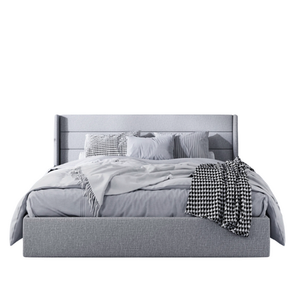 Modern King Size Upholstered Platform Bed with Hydraulic Lift Storage – Sleek Grooved Headboard, Space-Saving Design, and No Box Spring Needed