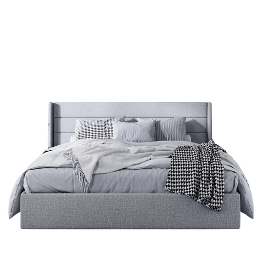 Modern King Size Upholstered Platform Bed with Hydraulic Lift Storage – Sleek Grooved Headboard, Space-Saving Design, and No Box Spring Needed