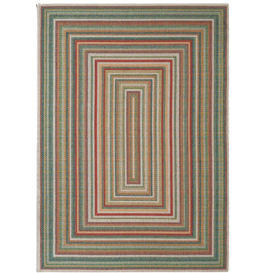 Coastal-Inspired Geometric Rug – Fade & Stain-Resistant, Green & Orange Pattern, Ideal for Indoor/Outdoor Use