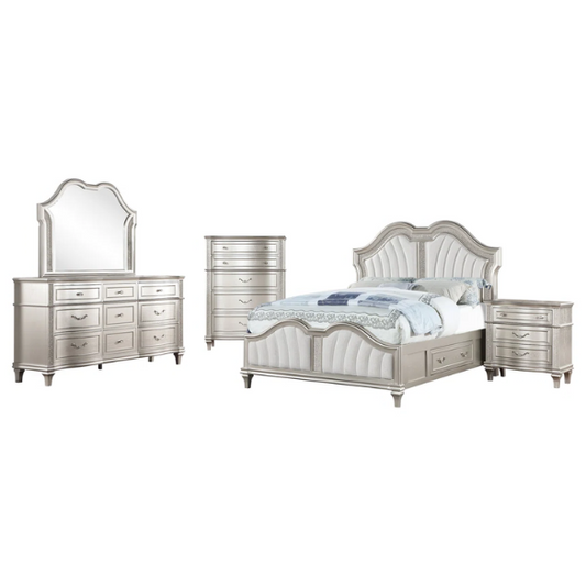 5-Piece Queen Bedroom Set with Silver Oak Finish, LED Lighting, Crystal Accents, and Built-In Storage – Includes Bed, Nightstand, Dresser, Mirror, and Chest