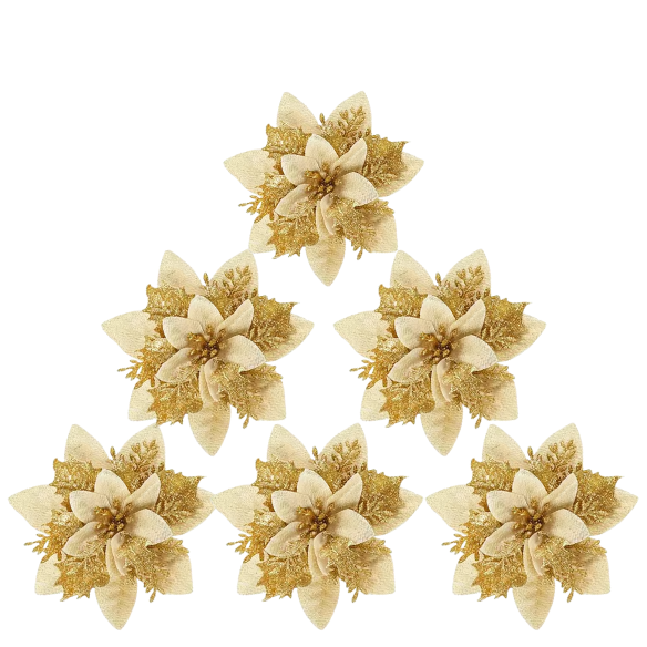 Gold Glitter Poinsettia Christmas Flowers – Elegant Artificial Holiday Décor (5 Pieces)