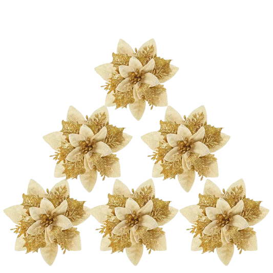 Gold Glitter Poinsettia Christmas Flowers – Elegant Artificial Holiday Décor (5 Pieces)