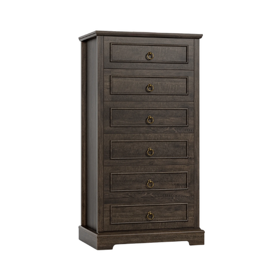 French Country-Inspired 5-Drawer Chest with Metal Ring Handles, Paneled Detailing, and Classic Crown Molding