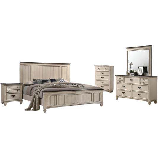 Elegant Cream & Brown 6-Piece Queen Panel Bedroom Set – Solid Wood Bed, Dresser, Mirror, 2 Nightstands, and Chest with Ample Storage