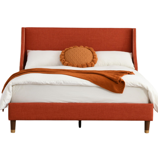 Elegant Linen Wingback Upholstered Platform Bed Frame – Luxurious Full Double Size Design with Gold Piping, Sturdy Support, and Effortless Assembly