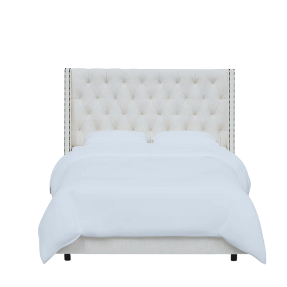 Chic Upholstered Wingback King Size Bed with Button Tufting and Nailhead Trim
