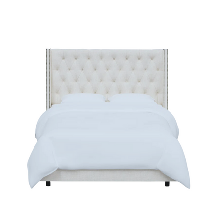 Chic Upholstered Wingback King Size Bed with Button Tufting and Nailhead Trim