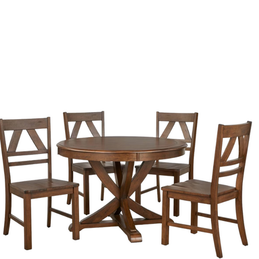 Charming Country-Style Dining Set with Rustic Appeal – Round Table & Geometric Back Chairs