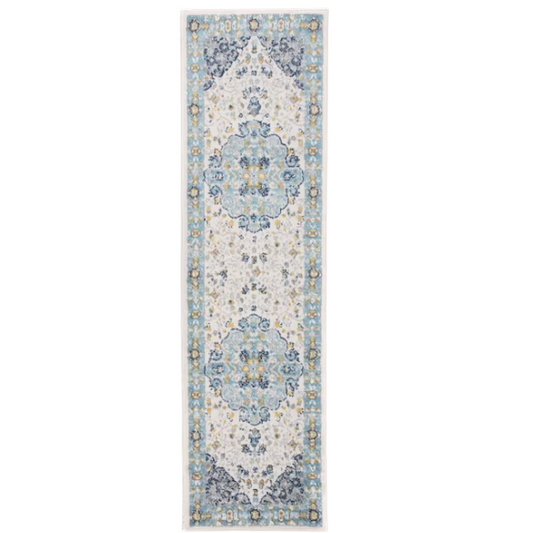 Distressed Oriental-Inspired Indoor Rug – Blue, Yellow & Cream Medallion Pattern, Stain-Resistant, Fade-Resistant, Perfect for Traditional & French Country Décor