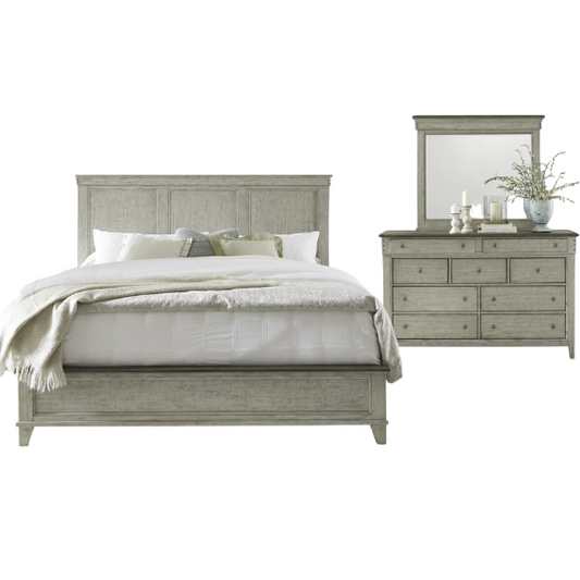 Farmhouse-Inspired Queen Bedroom Set  Panel Bed, Dresser, Mirror, and Nightstand with Built-in Charging Station