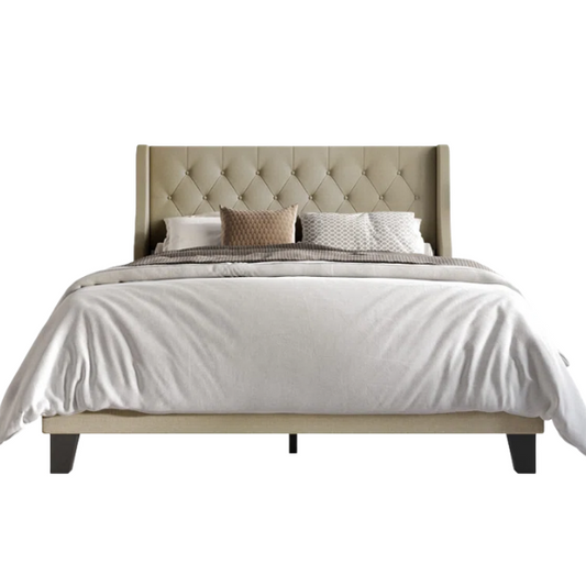 Elegant King Size Upholstered Wingback Bed with Button-Tufted Headboard – Foam-Padded for Ultimate Comfort and Support