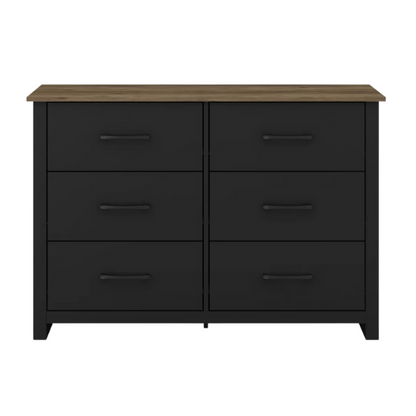 Modern 6-Drawer Double Dresser with Flared Feet and Sleek Black Metal Handles