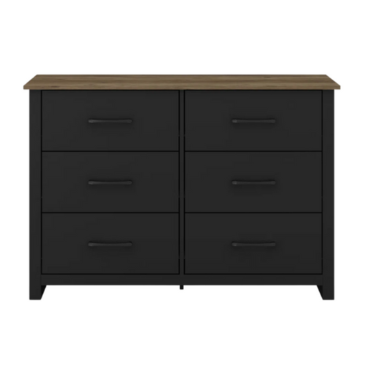 Modern 6-Drawer Double Dresser with Flared Feet and Sleek Black Metal Handles