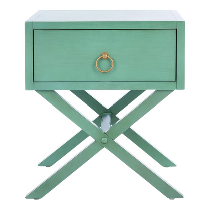 1-Drawer Nightstand – Classic Campaign Style with Contemporary Chic, Acacia Wood Frame, Cross-Base Design, Bold Finish, Gold Drawer Pull, Perfect for Modern Bedrooms