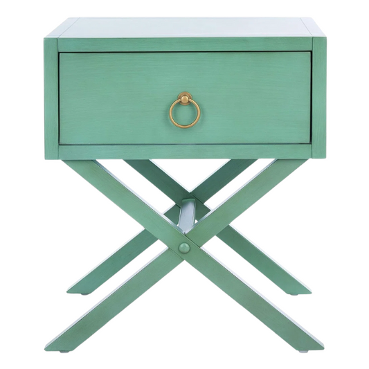 1-Drawer Nightstand – Classic Campaign Style with Contemporary Chic, Acacia Wood Frame, Cross-Base Design, Bold Finish, Gold Drawer Pull, Perfect for Modern Bedrooms