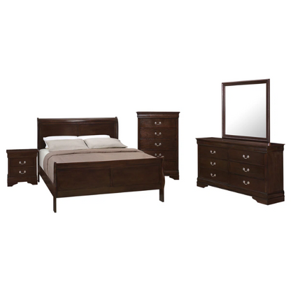 5-Piece Bedroom Set – Traditional Style with Flared Headboard, Dovetail Construction, Silver Bail Handles, and Spacious Storage – Crafted from Select Hardwoods and Veneers in a Warm Cappuccino Finish – Includes Bed, Nightstand, Dresser, Chest, and Mirror