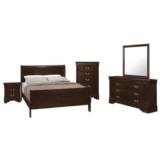 5-Piece Bedroom Set – Traditional Style with Flared Headboard, Dovetail Construction, Silver Bail Handles, and Spacious Storage – Crafted from Select Hardwoods and Veneers in a Warm Cappuccino Finish – Includes Bed, Nightstand, Dresser, Chest, and Mirror