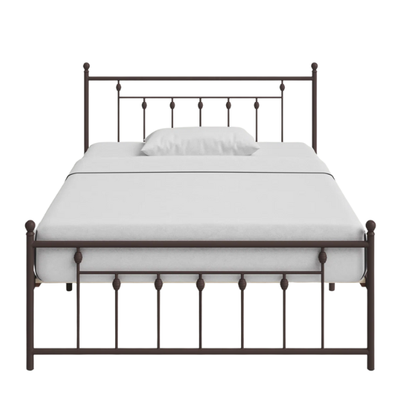 King Size Metal Open-Frame Platform Bed with Spindle Accents, Storage Footboard, and Slat Kit – No Box Spring Needed, Ideal for Farmhouse to French Country Styles