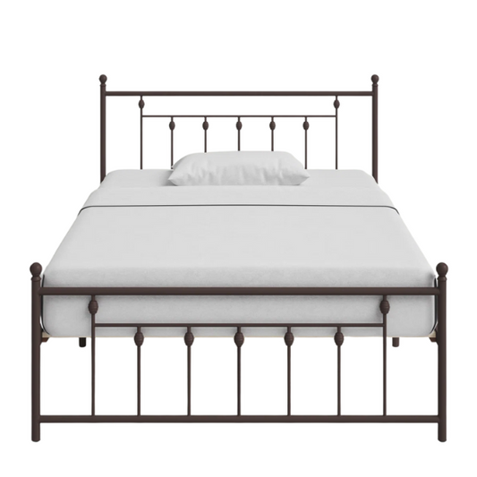 King Size Metal Open-Frame Platform Bed with Spindle Accents, Storage Footboard, and Slat Kit – No Box Spring Needed, Ideal for Farmhouse to French Country Styles