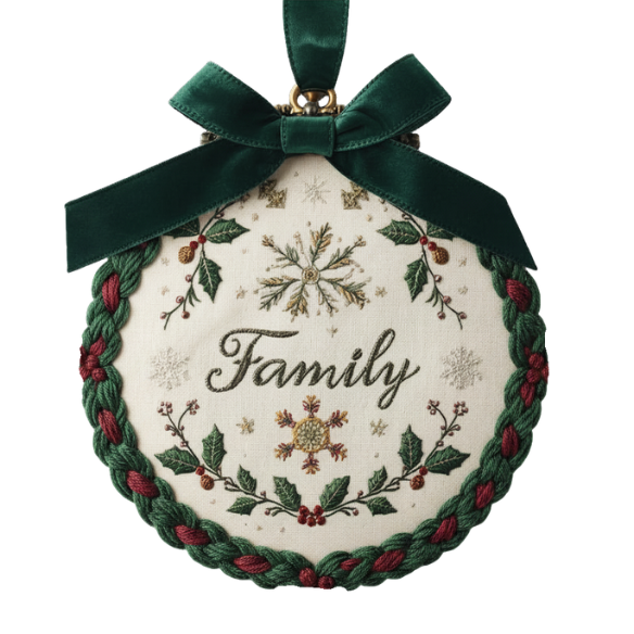 Family Holly Christmas Ornament with Velvet Ribbon