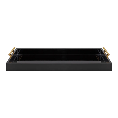 Sleek and Sophisticated Long Rectangular Serving Tray – High Gloss Wood with Polished Metal Handles, Perfect for Entryway, Vanity, or Coffee Table
