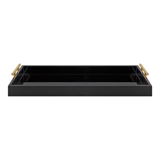 Sleek and Sophisticated Long Rectangular Serving Tray – High Gloss Wood with Polished Metal Handles, Perfect for Entryway, Vanity, or Coffee Table