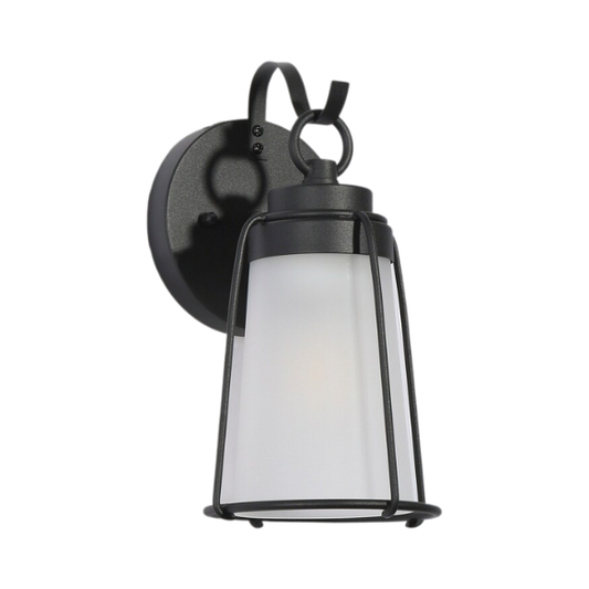 1-Light Farmhouse Black Outdoor Wall Sconce – Cylindrical LED Glass Shade, Dimmable, Textured Finish for Porch, Garage & Exterior Spaces