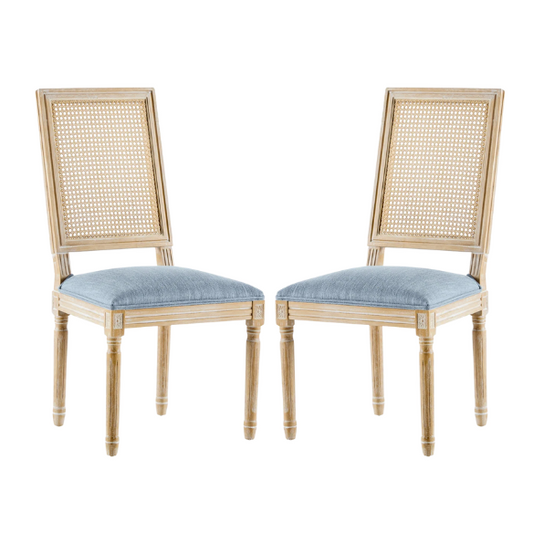 French Country Wood and Cane Upholstered Dining Chairs – Weathered Rubberwood Frame with Fluted Legs & Rectangular Cane Backrest
