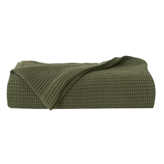 Cotton Waffle Weave Bed Blanket – Olive Green | All-Season Breathable Layer