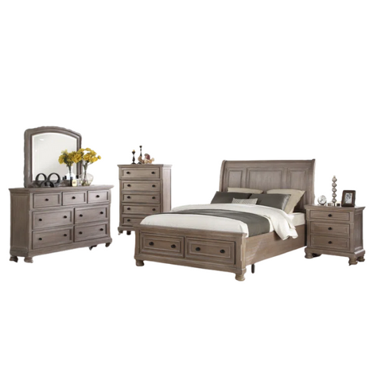 Stylish King Platform Solid Wood Configurable Bedroom Set – Featuring Curved Paneled Headboard, Footboard Storage Drawers, Seven-Drawer Dresser, and Two-Drawer Nightstand for a Functional and Clutter-Free Teen Retreat