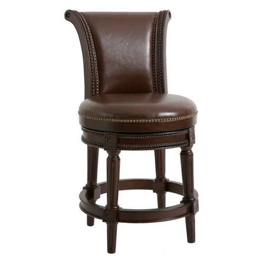 Swivel Bar-Height Stool with High Seat Back – Elegant Curved Back, 180° Automatic Return Swivel, Nail Head Trim, Metal Footrests, and Cushioned Foam Seat for Ultimate Comfort