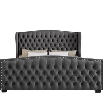 Luxurious King Size Velvet Upholstered Platform Bed Frame with Wingback Headboard – Handmade Button Tufting, Nailhead Detailing, Sturdy Construction, and No Box Spring Needed
