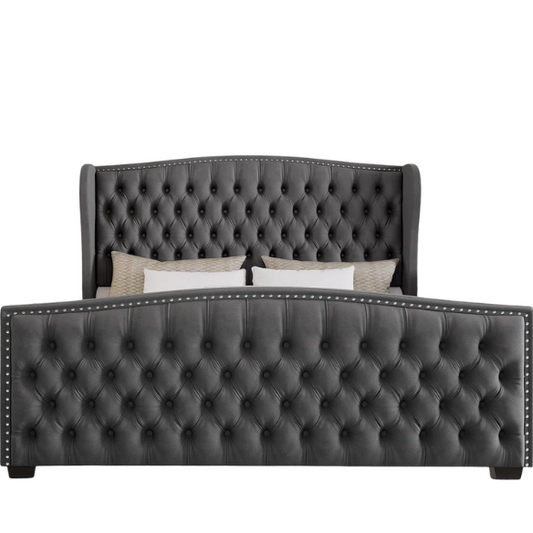 Luxurious King Size Velvet Upholstered Platform Bed Frame with Wingback Headboard – Handmade Button Tufting, Nailhead Detailing, Sturdy Construction, and No Box Spring Needed