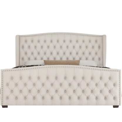 Velvet Queen Size Bed with Button Tufted Upholstery, Nailhead Trim, and Wingback Headboard