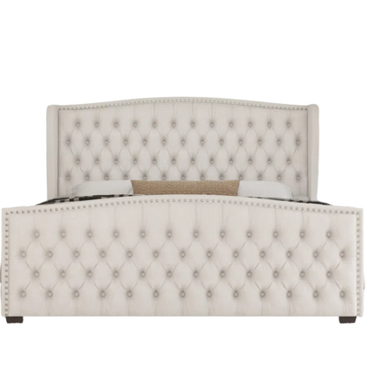 Velvet Queen Size Bed with Button Tufted Upholstery, Nailhead Trim, and Wingback Headboard