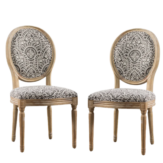 Set of 2 French Country Upholstered Dining Chairs with Natural Wood Legs and Round Back – Elegant Vintage Accent Seating