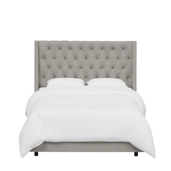 Chic Upholstered Wingback King Size Bed with Button Tufting and Nailhead Trim