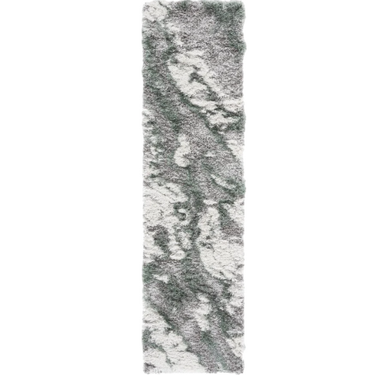 Plush Abstract Green, Grey, and White Pattern Shag Rug