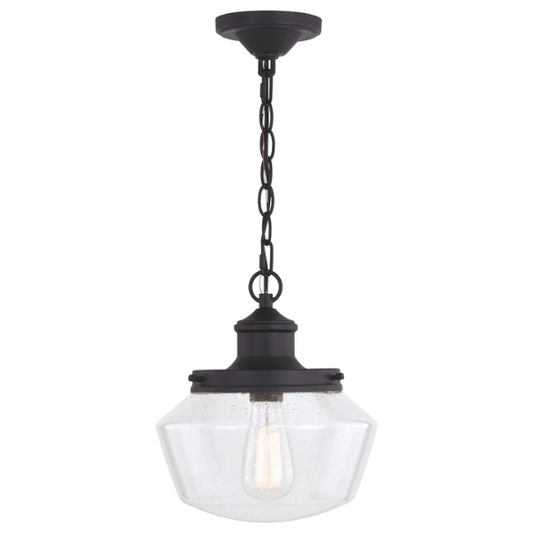 1-Light Black Farmhouse Outdoor Pendant with Clear Schoolhouse Glass – Vintage-Inspired, Adjustable Hanging Light for Porch, Bar, or Entryway (10” W x 11.5” H x 10” D)