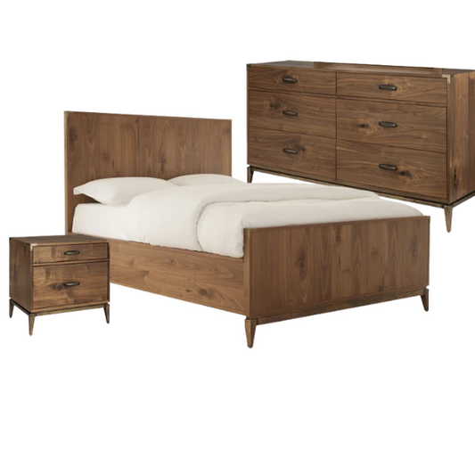 Timeless Traditional Solid Wood 3-Piece Configurable Bedroom Set in Natural Walnut with Sleek Panel Bed, 2-Drawer Nightstand, and 6-Drawer Dresser for Effortless Style and Organization