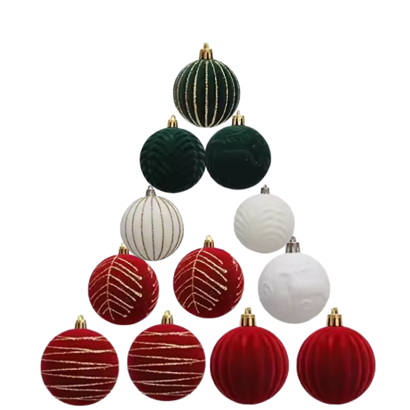 Red, Green & White Velvet-Flocked Christmas Ornaments – Luxurious Shatterproof Holiday Set (12 Pieces)