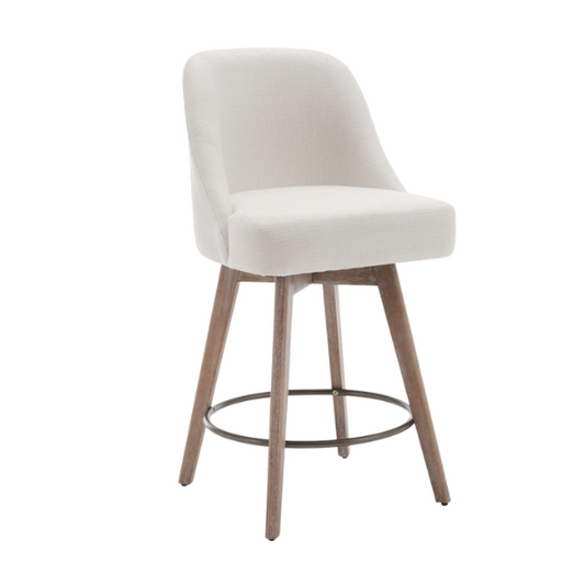 Modern Counter Height Swivel Bar Stool – Upholstered Faux Leather/Polyester Blend Seat, Solid Beech Wood Frame, Ergonomic High Back, Bronze Metal Footrest, 300lb Capacity for Kitchen, Bar, or Pub