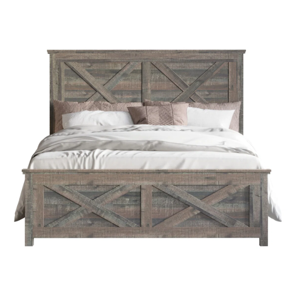Rustic Queen Size Storage Bed with X-Shaped Wooden Paneling – Stylish and Functional Design
