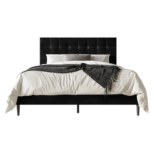 Luxurious Upholstered King Size Platform Bed with Tufted Velvet Headboard and Modern Tapered Legs – A Sophisticated Addition to Any Bedroom