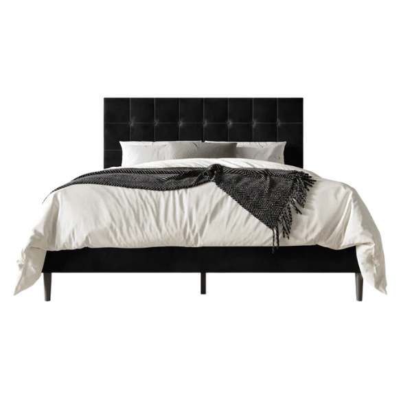 Luxurious Upholstered King Size Platform Bed with Tufted Velvet Headboard and Modern Tapered Legs – A Sophisticated Addition to Any Bedroom